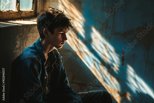 Teenage Boy in an Old, Ruined Room, Contemplating