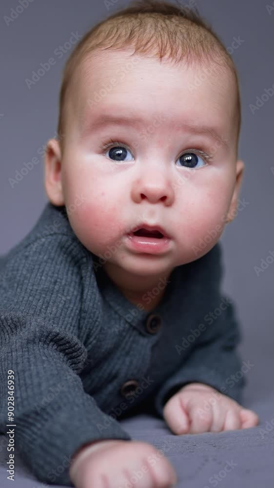 Healthy lovely kid in grey clothes lies on his belly. Adorable child looking sideways with interest. Grey blurred backdrop. Vertical video Healthy lovely kid in grey clothes lies on his belly. Adorable child looking sideways with interest. Grey blurred backdrop. Vertical video