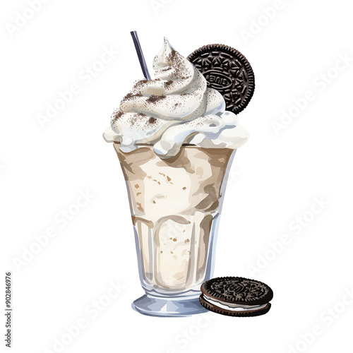 A Cookies and Cream: Vanilla ice cream blended with whole Oreo cookies, topped with whipped cream and crushed Oreos. , watercolor illustration clipart
