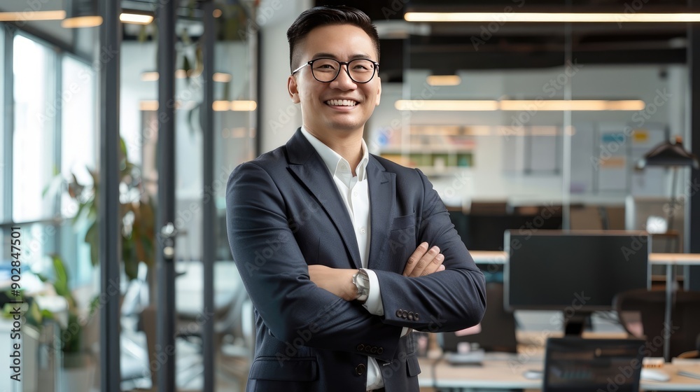 Confident Asian Businessman Smiling with Arms Crossed in Office Setting Confident Asian Businessman Smiling with Arms Crossed in Office Setting