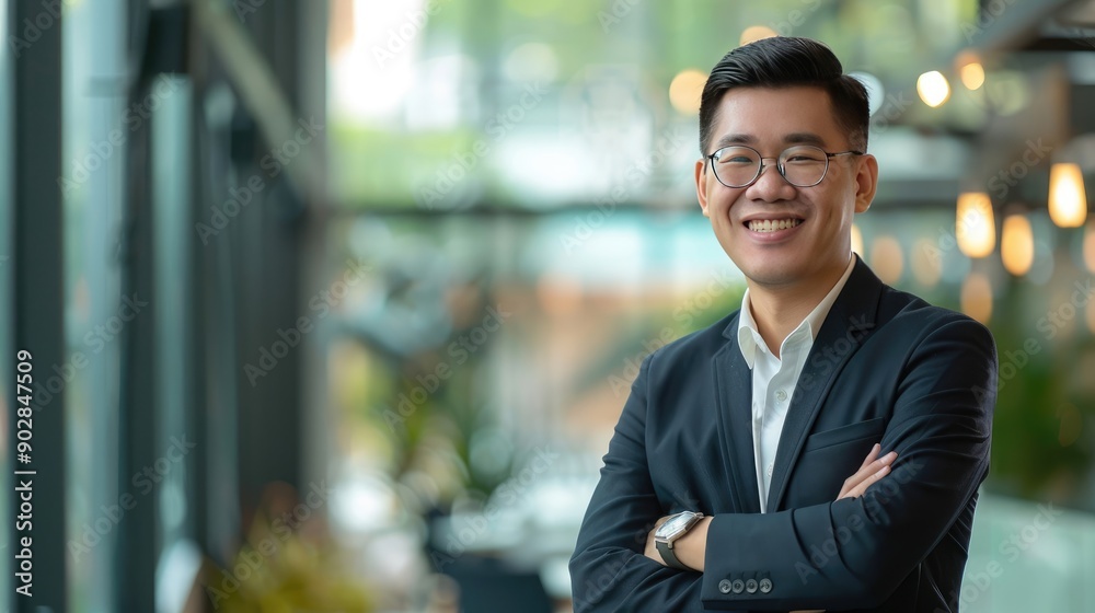 Confident Asian Businessman Smiling with Arms Crossed in Office Setting Confident Asian Businessman Smiling with Arms Crossed in Office Setting