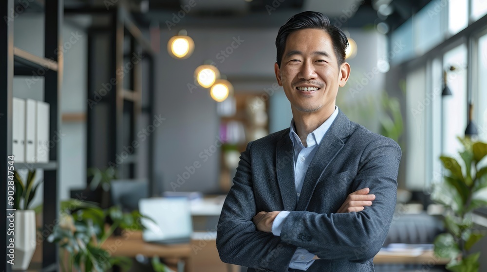 Confident Asian Businessman Smiling with Arms Crossed in Office Setting Confident Asian Businessman Smiling with Arms Crossed in Office Setting