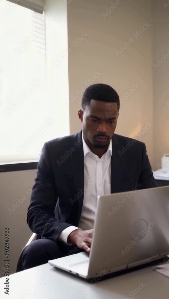 Afro businessman working with laptop in office. Afro businessman working with laptop in office.