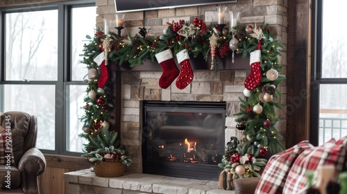 Holiday mantel decor with stockings, garlands, and twinkling lights, creating a cozy and festive atmosphere.