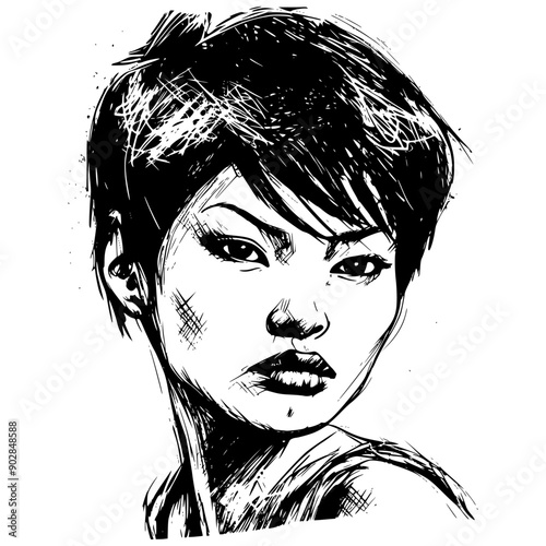 Woman portrait in hand drawing or engraving style. 60s styled beautiful comic book character, black and white