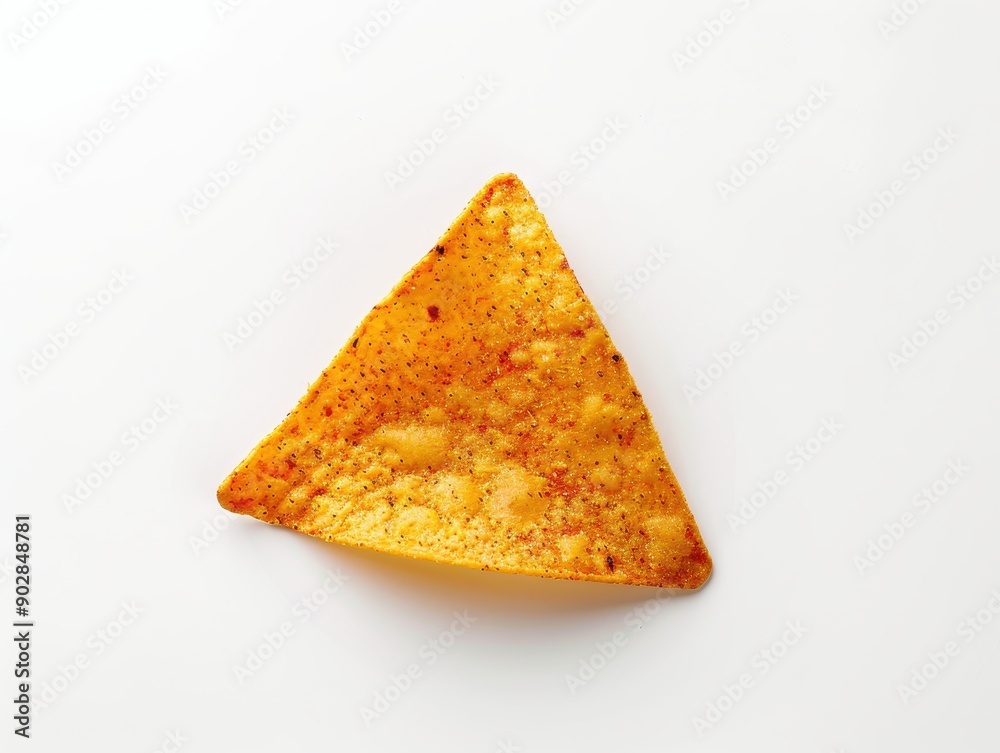 A single nacho chip placed on a flat white background. A single nacho chip placed on a flat white background.