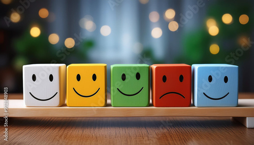 colorful wooden blocks on the desk, with drawing of emotions, world mental health day photo