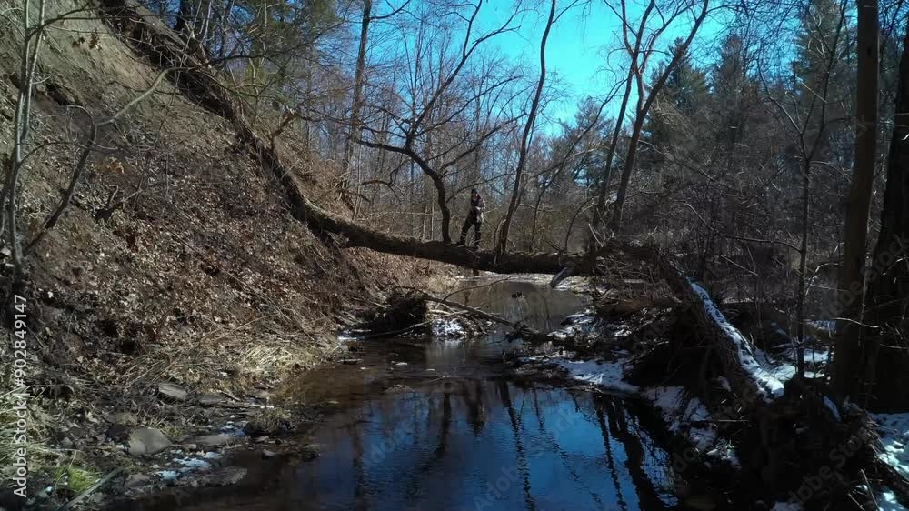 Flying over a creek towards a man on a fallen tree on a sunny day in the spring Flying over a creek towards a man on a fallen tree on a sunny day in the spring