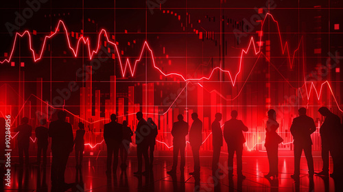 Economic Storm: Silhouetted figures stand against a backdrop of plummeting red stock charts, reflecting a sense of uncertainty and fear in the financial market. 