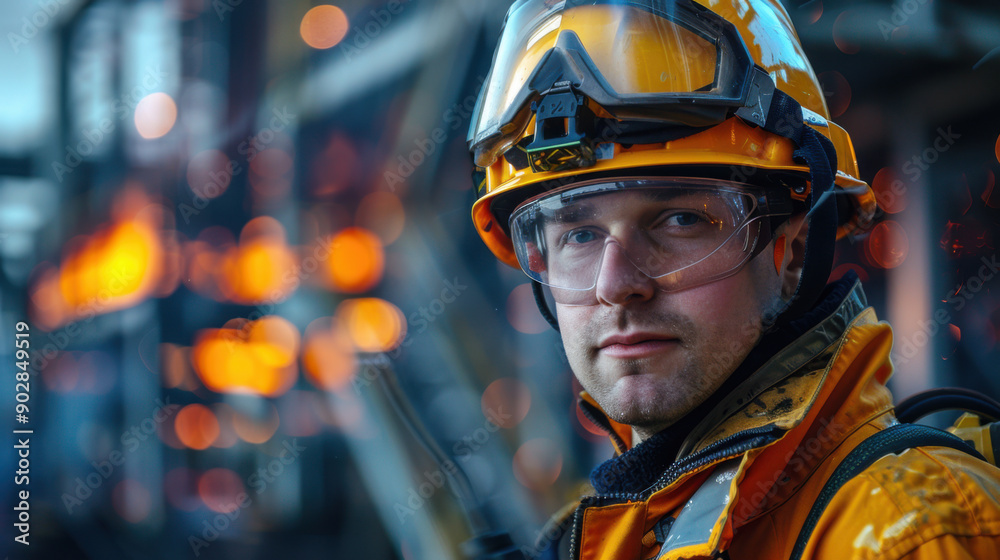 Portrait of a firefighter wearing safety gear, standing in front of a burning building with flames and smoke. Portrait of a firefighter wearing safety gear, standing in front of a burning building with flames and smoke.