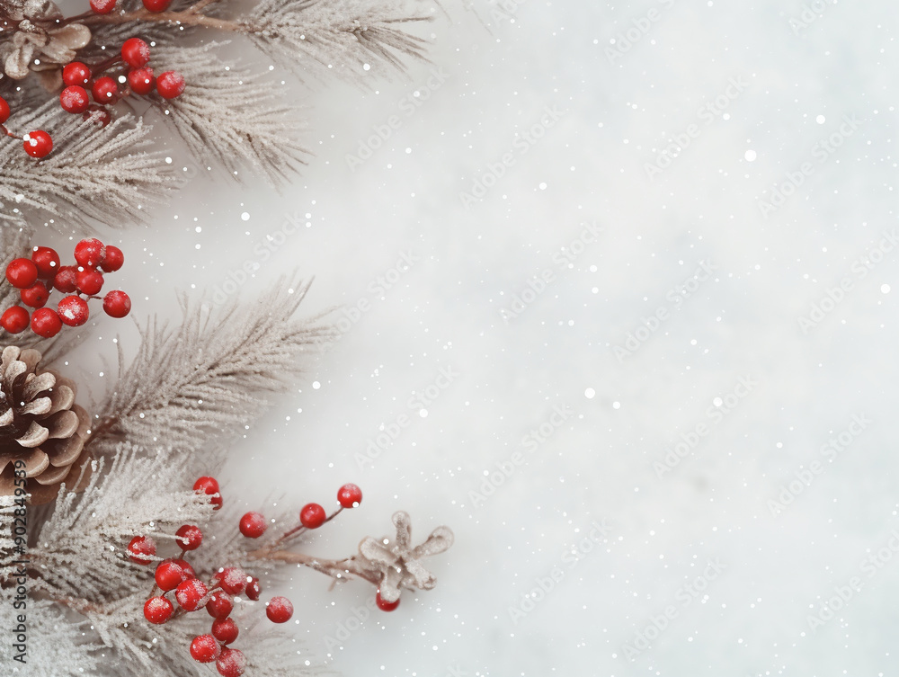 Red berries and pine tree branches Natural decoration for Christmas Space for text Red berries and pine tree branches Natural decoration for Christmas Space for text