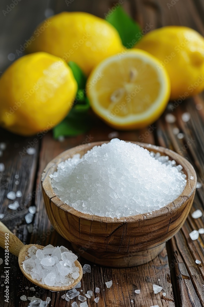 A bowl of salt and a lemon on a wooden table A bowl of salt and a lemon on a wooden table