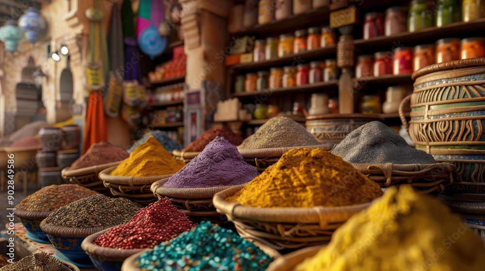 Colorful piles of spices fill baskets in a lively Moroccan market, capturing the essence of local commerce and culture during the golden hour