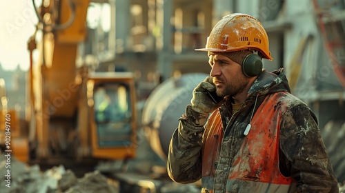 Construction Worker on the Phone: A gritty, authentic portrait of a construction worker in a hard hat and safety gear, taking a call amidst a busy construction site. 