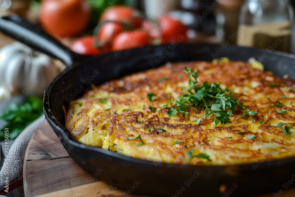 A close-up of a freshly made rösti garnished with fresh herbs A close-up of a freshly made rösti garnished with fresh herbs