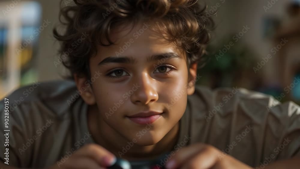 A young man is playing a video game and smiling A young man is playing a video game and smiling