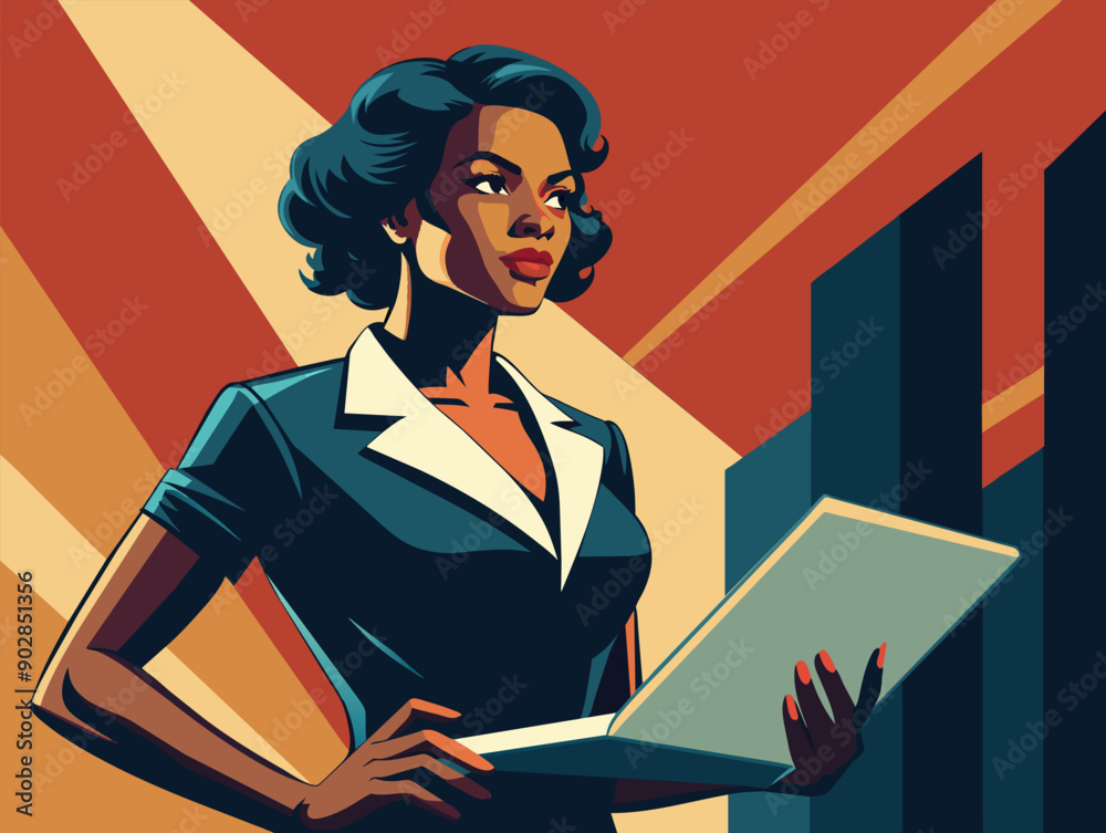 Powerful black business woman with laptop, in retro poster style. Confident african businesswoman Powerful black business woman with laptop, in retro poster style. Confident african businesswoman