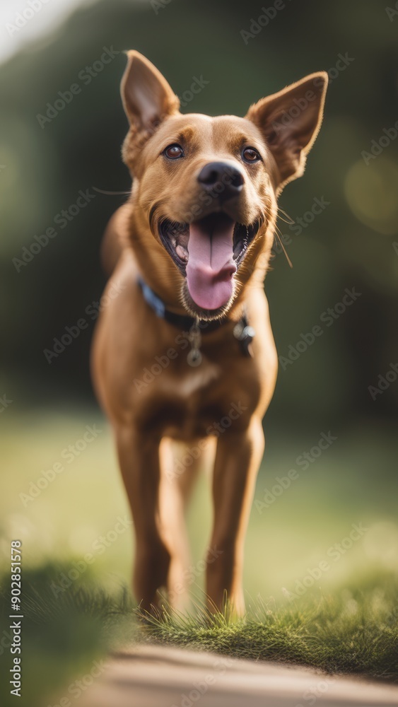 Joyful brown dog with white chest and paws mid-play on grass tongue out ears flapping exuding happiness. Joyful brown dog with white chest and paws mid-play on grass tongue out ears flapping exuding happiness.
