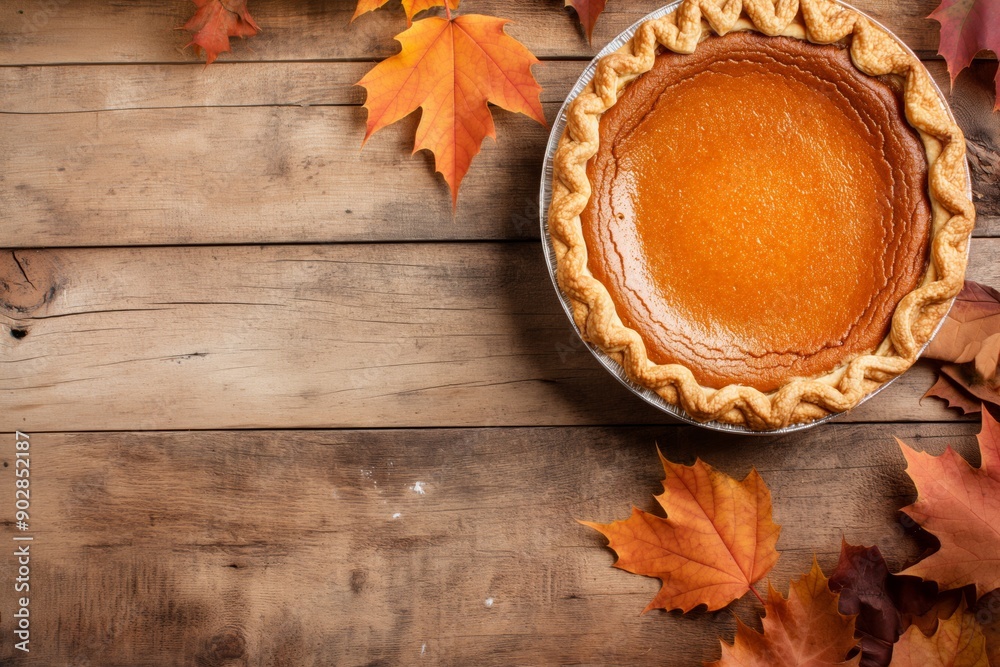 Pumpkin pie flatlay on rustic wooden table with fall leaves Pumpkin pie flatlay on rustic wooden table with fall leaves