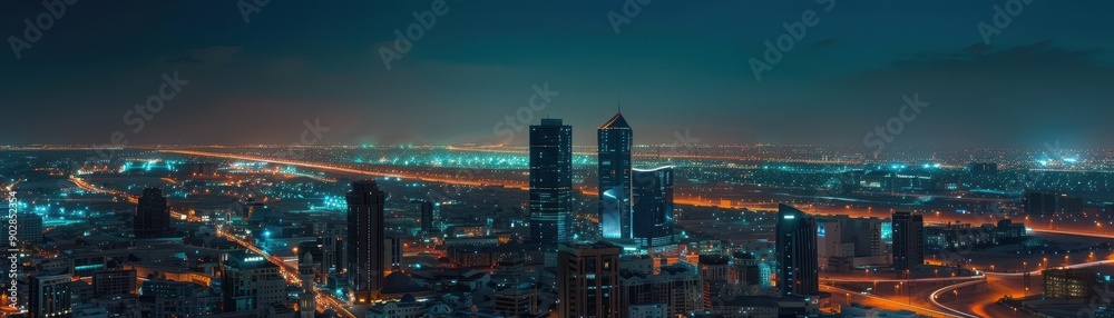 Naklejka premium A city skyline at night with a dark sky and clouds. The city is lit up with lights from the buildings and streetlights. Scene is calm and peaceful, as the city is quiet and still at night
