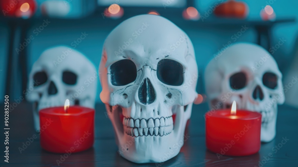 Spooky arrangement of skull with flickering red candles on a dark moody tabletop setting Eerie and atmospheric Halloween themed still life with a grim macabre aesthetic Spooky arrangement of skull with flickering red candles on a dark moody tabletop setting Eerie and atmospheric Halloween themed still life with a grim macabre aesthetic