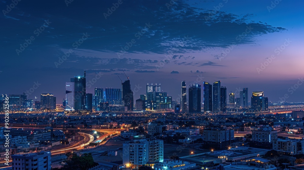Obraz premium A city skyline at night with a dark sky and clouds. The city is lit up with lights from the buildings and streetlights. Scene is calm and peaceful, as the city is quiet and still at night