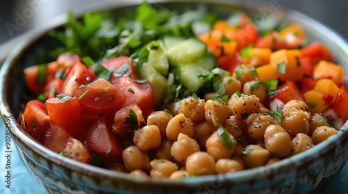 Closeup of a colorful chickpea salad in a bowl. © tanapat