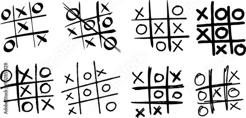 Tic-tac-toe competition, grungy brush illustration.