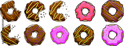 Set of Donut with blue and pink glaze. Collection of Sweet sugar dessert with icing. Outline cartoon illustration isolated on white background