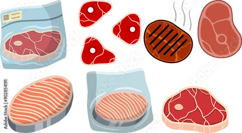 Steak and barbecue, Piece of red salmon fish meat with pink stripe. Food for Cooking sushi. Set of Raw Seafood. Cut off part. Kitchen and meal element. Cartoon illustration