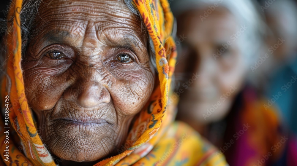 A close-up image of an elderly individual wearing a colorful headscarf, showcasing the intricate patterns and vibrant colors against a softly blurred and subdued background. A close-up image of an elderly individual wearing a colorful headscarf, showcasing the intricate patterns and vibrant colors against a softly blurred and subdued background.