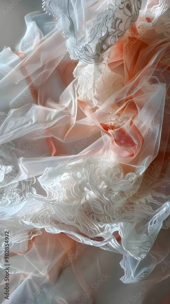 Delicate layers of sheer fabric in soft peach and white tones are artistically arranged, adorned with intricate lace details, creating a romantic and ethereal aesthetic Delicate layers of sheer fabric in soft peach and white tones are artistically arranged, adorned with intricate lace details, creating a romantic and ethereal aesthetic