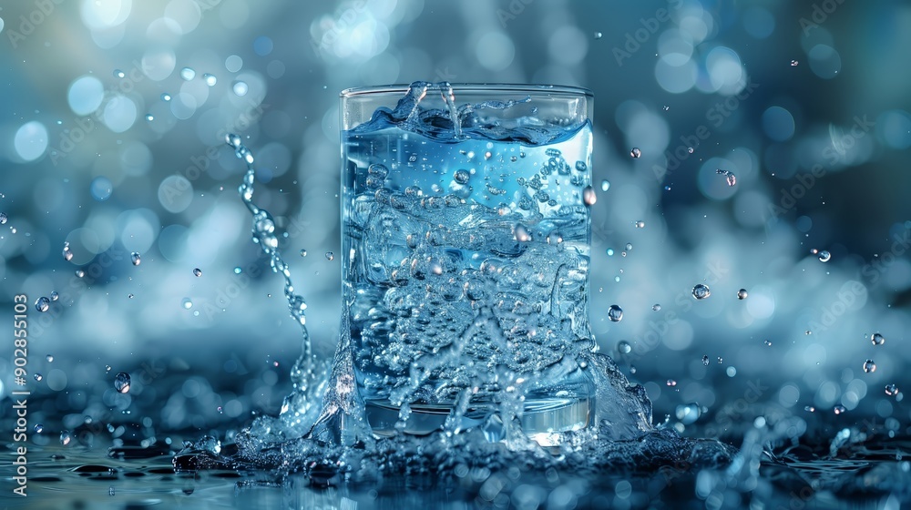 A transparent glass full of pure water surrounded by dynamic splashes and sparkling droplets, highlighted by soft bokeh lights in the background, illustrating the concept of hydration and freshness. A transparent glass full of pure water surrounded by dynamic splashes and sparkling droplets, highlighted by soft bokeh lights in the background, illustrating the concept of hydration and freshness.