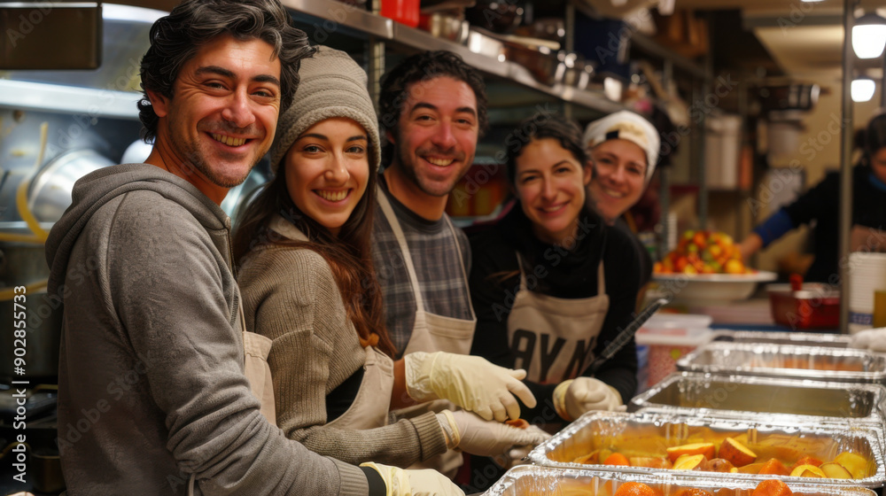 Smiling volunteers in a kitchen, happily serving food and working together during a community service event. Smiling volunteers in a kitchen, happily serving food and working together during a community service event.