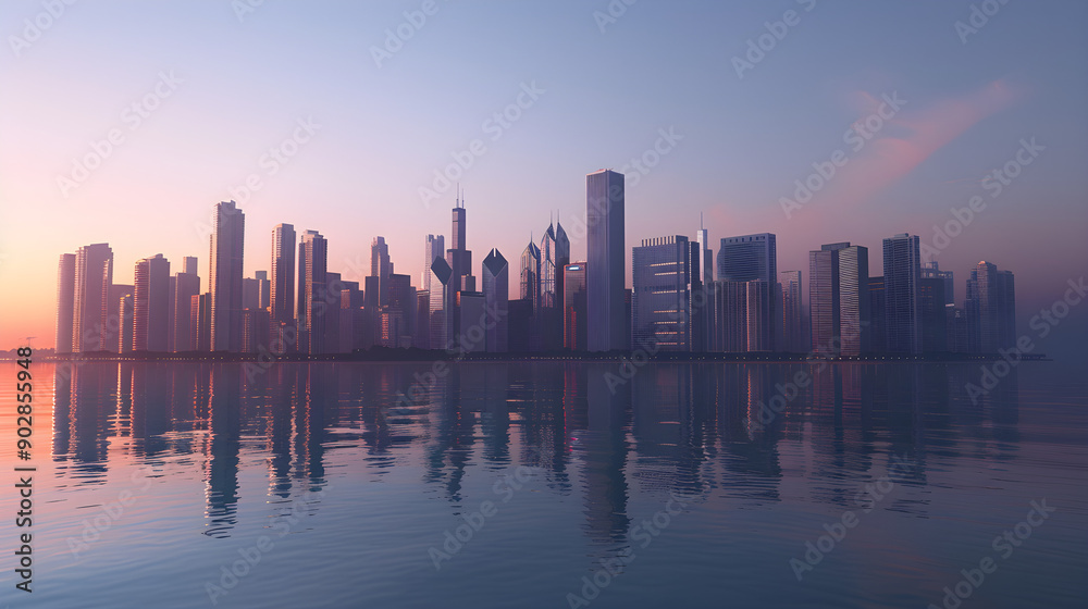 Naklejka premium A stunning skyline reflects beautifully in calm water during sunset, showcasing modern skyscrapers with various architectural styles against a pastel sky