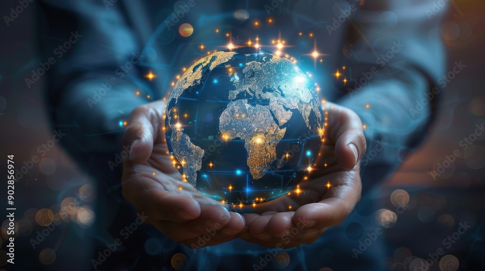 Fototapeta premium A group of people are standing in front of a globe, with the sun shining on them. Concept of unity and collaboration, as the people are all working together towards a common goal