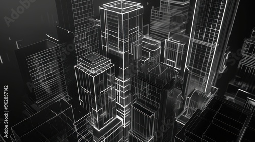 Futuristic Cityscape Featuring Glowing Wireframe Buildings and Skyscrapers at Night