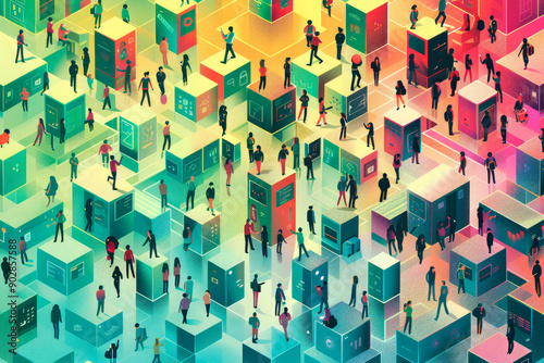 This image showcases a bustling networking event with numerous people interacting amongst colorful booths, signifying community, technology, and engagement.