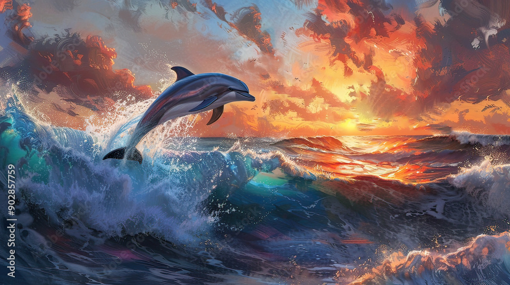 Fototapeta premium Dolphin Leaping Gracefully Through Waves Illuminated AI Generative