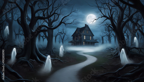 Spooky Haunted Forest Path on a Moonlit Halloween Night