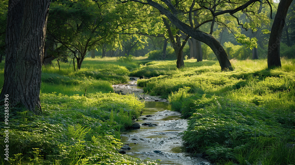 Naklejka premium Lush Green Meadow with a Babbling Brook Winding Through a Serene Landscape AI Generative