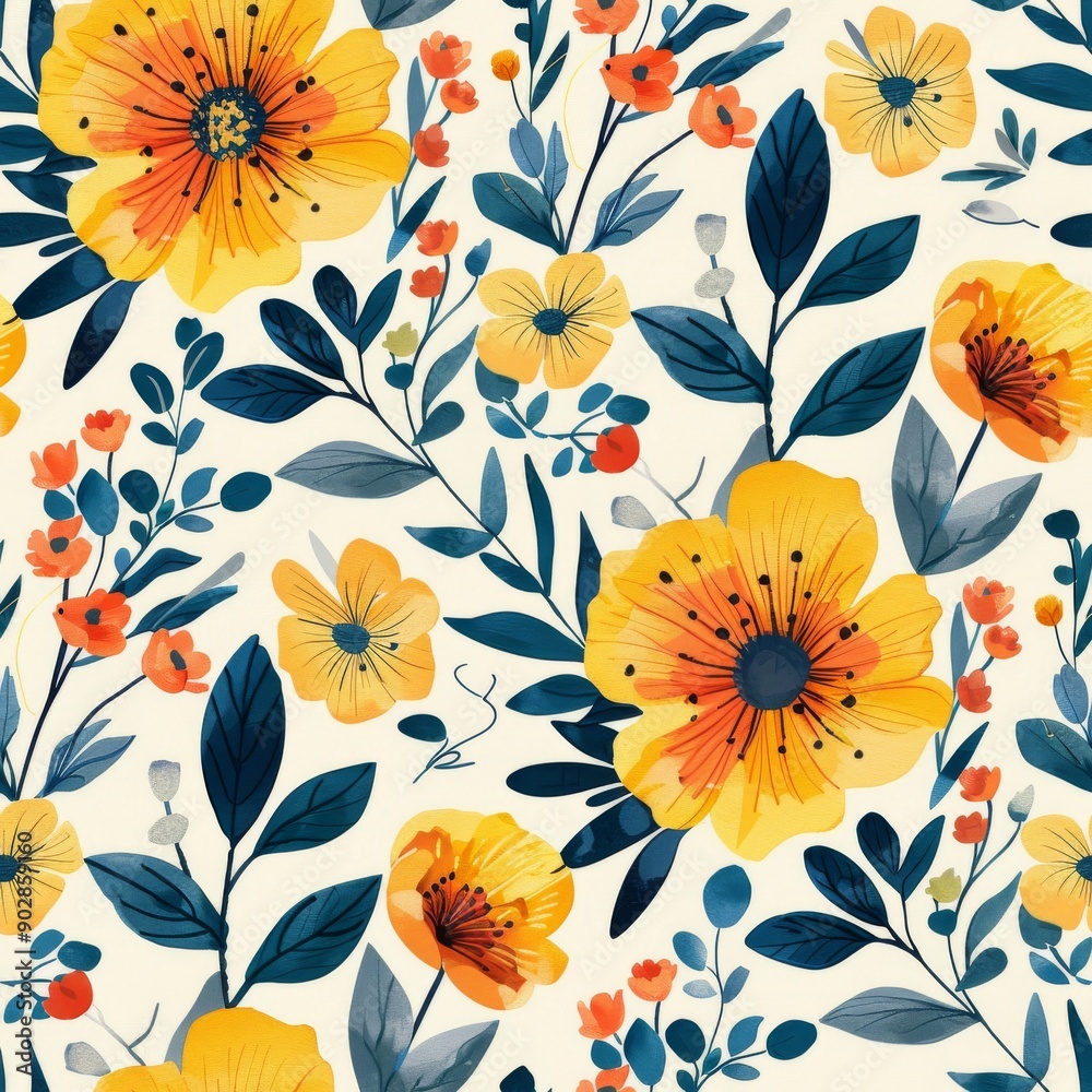 Seamless floral pattern with poppies and eucalyptus Seamless floral pattern with poppies and eucalyptus