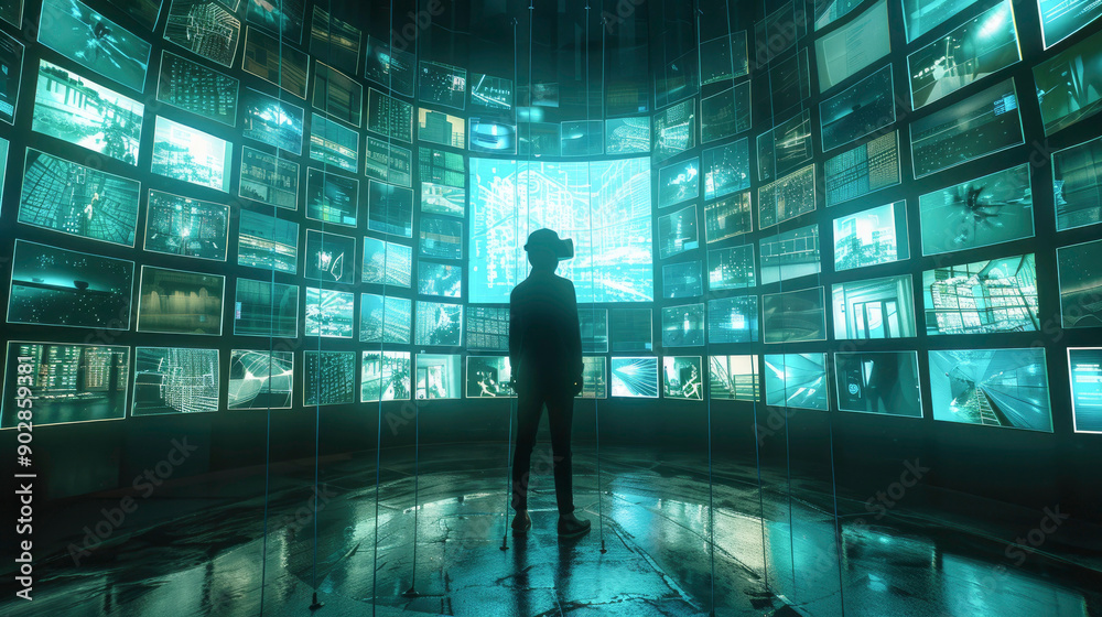 A person wearing a VR headset stands in a dark room surrounded by multiple screens displaying various data and images, representing technology and innovation. A person wearing a VR headset stands in a dark room surrounded by multiple screens displaying various data and images, representing technology and innovation.