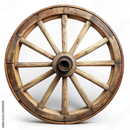 Old Wooden Wagon Wheel on white background