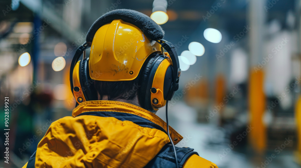 A factory worker wearing a yellow helmet and protective headphones, seen from behind in an industrial environment.
