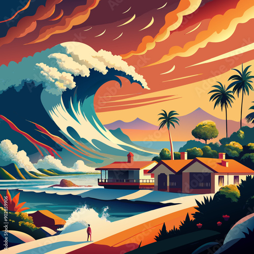 Tsunami Hitting The Coast