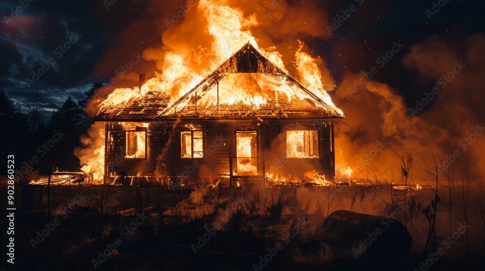 view of a fire engulfing a house at night view of a fire engulfing a house at night
