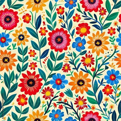 Seamless pattern with colorful flowers and leaves.