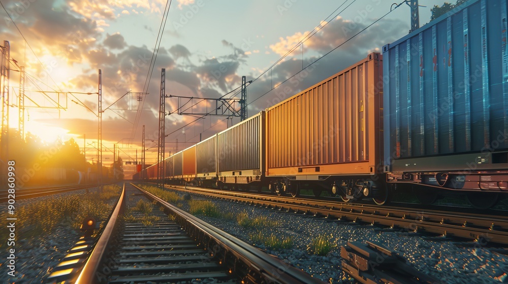 Industrial landscape freight train transporting containers in rail logistics scene Industrial landscape freight train transporting containers in rail logistics scene