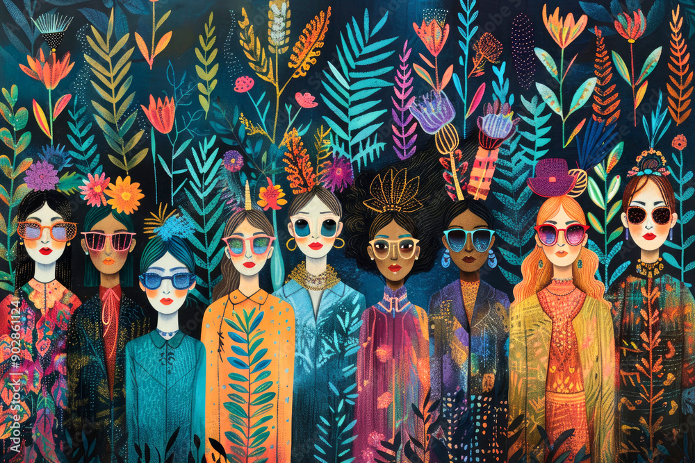 Fototapeta premium A vibrant illustration of diverse women in fashionable glasses standing amidst various colorful plants and flowers under a night sky.